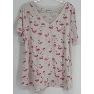 LuLaRoe Womens Pink Flamingo Print V-Neck Short Sleeve T-Shirt White Sz 2XL